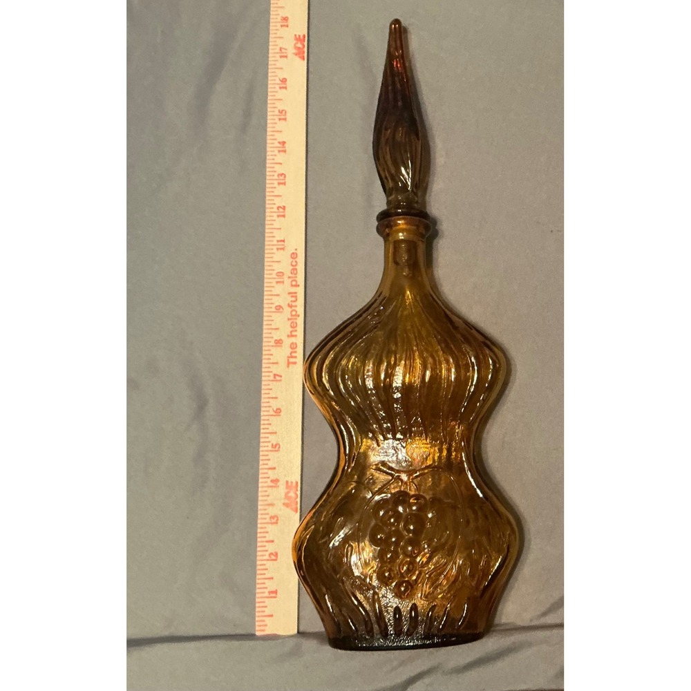 Vintage Amber Glass Decanter Swirl Ribbed Grape Motif Flame Stopper 17.5" MCM